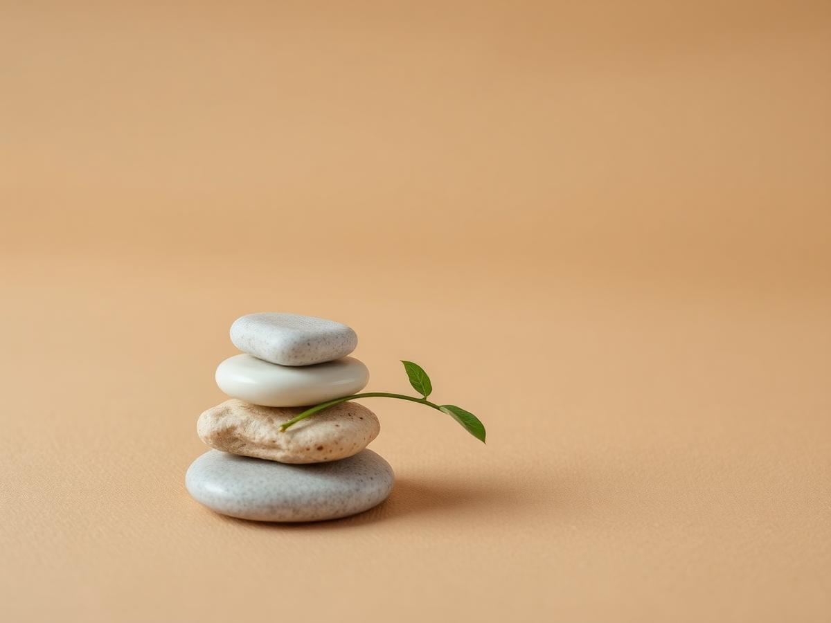 Balanced stones with a single green shoot